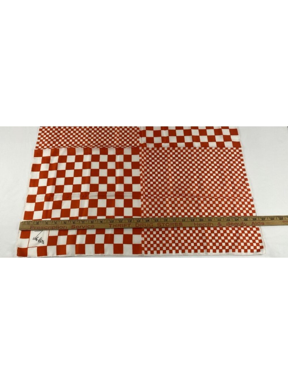 John Weitz Vintage Orange & White Checkered Scarf 26" Square Made In Italy - Picture 9 of 9